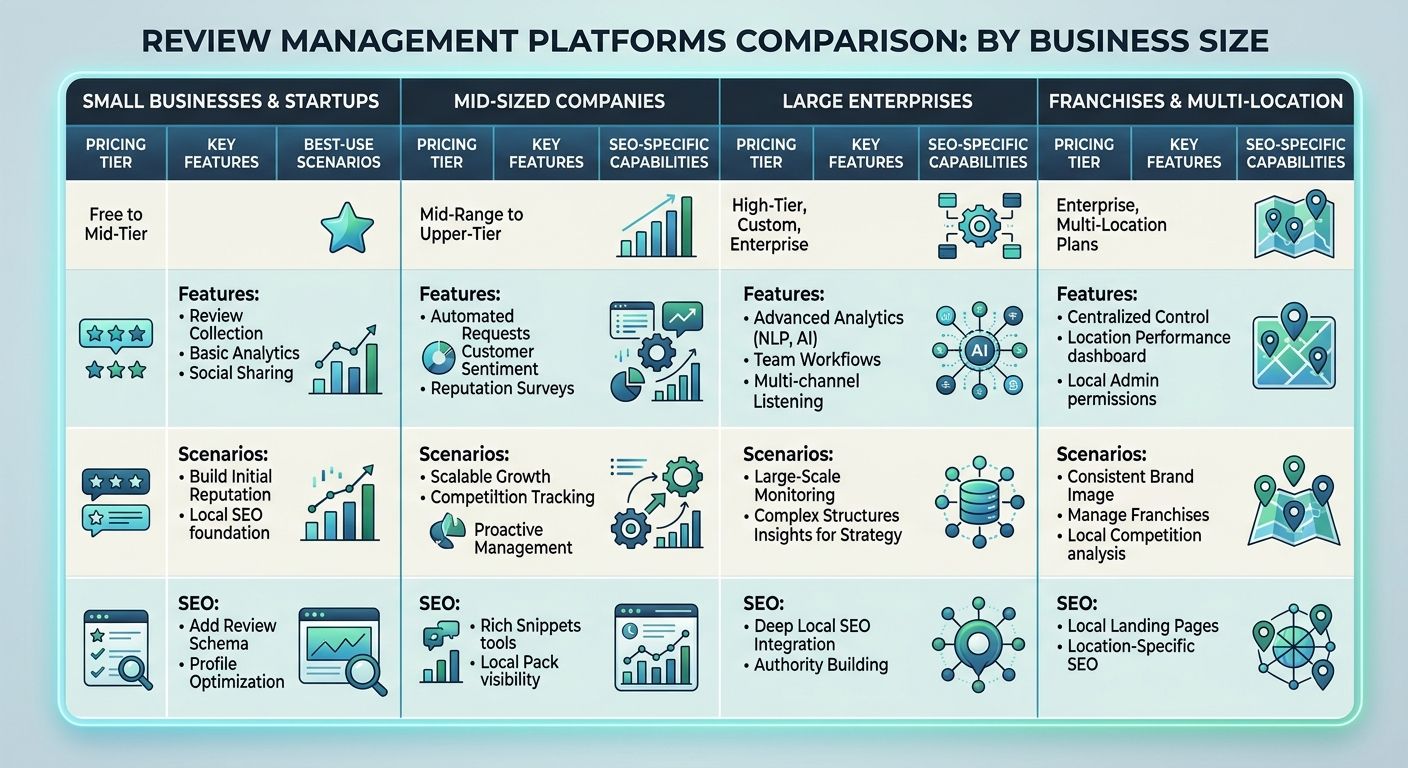A comparison table showing review management platforms organized by business size, with columns for pricing, key features, best-use scenarios, and SEO-specific capabilities