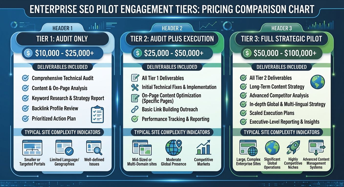 Pricing comparison chart showing three tiers of enterprise SEO pilot engagements (audit only, audit plus execution, full strategic pilot) with price ranges, deliverables included, and typical site com
