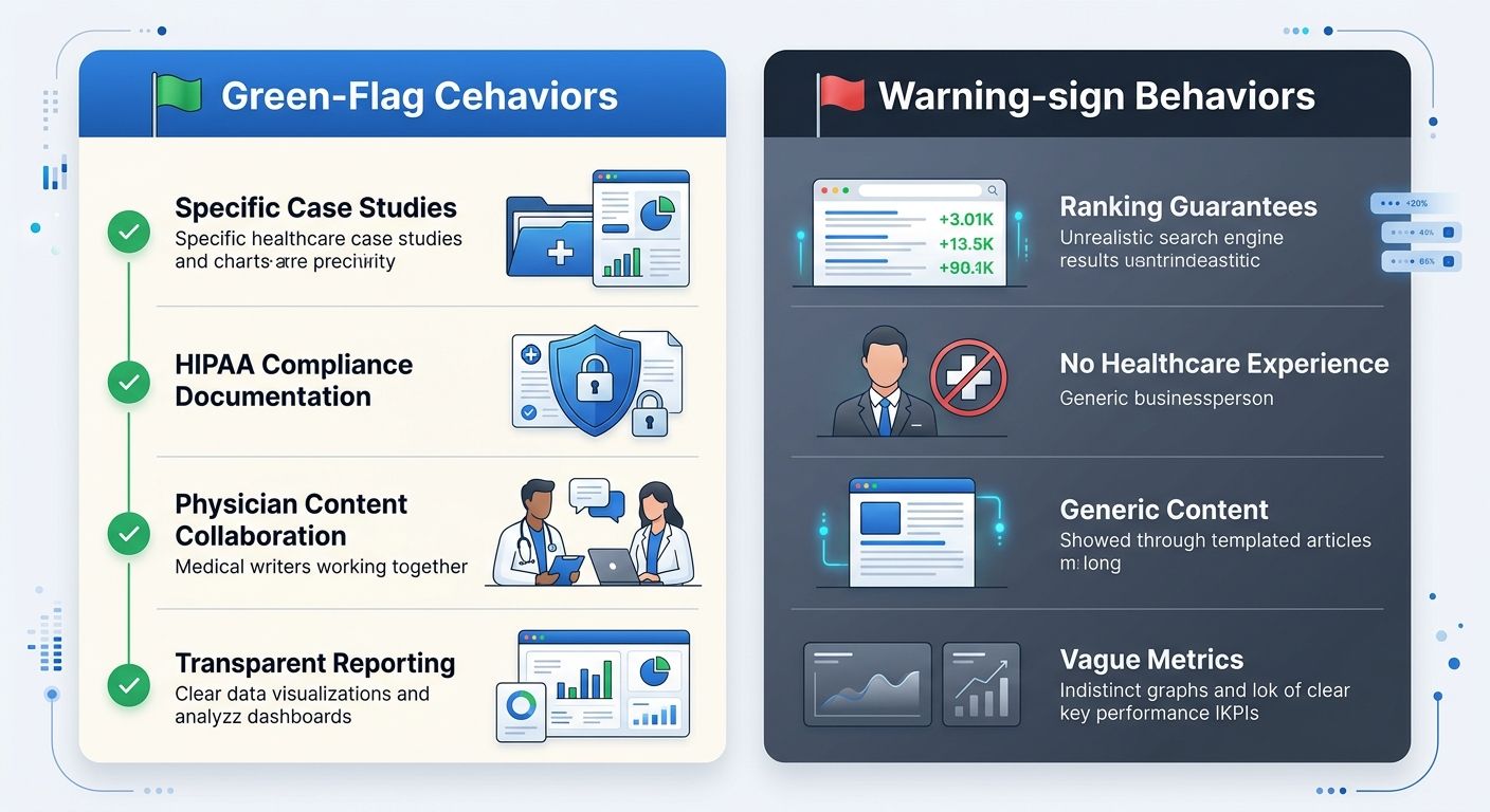 A side-by-side comparison table showing green-flag agency behaviors on the left (specific healthcare case studies, HIPAA documentation, physician content collaboration, transparent reporting) versus r