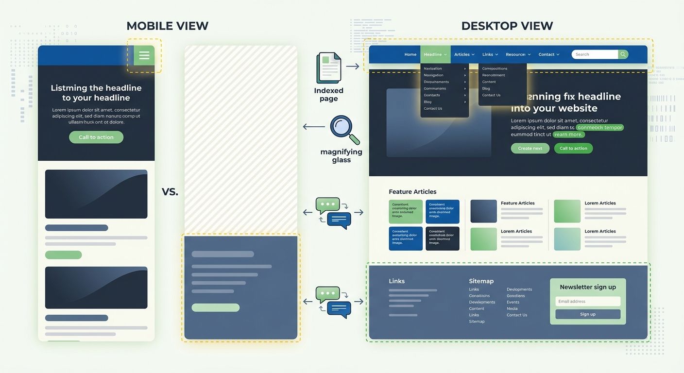 A side-by-side comparison illustration showing a webpage's mobile view versus desktop view, with highlighted differences in content, navigation elements, and missing sections on mobile that could caus