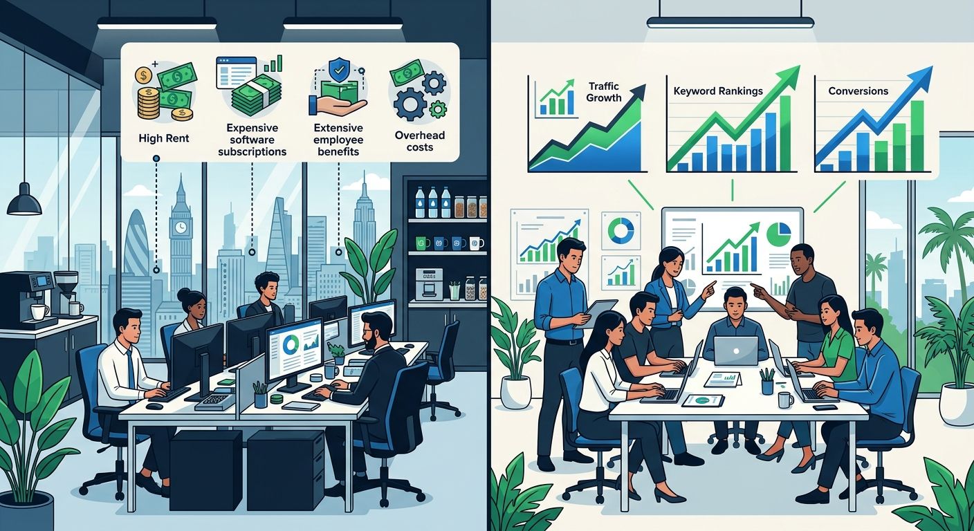 A split-screen illustration showing two SEO teams working - one in a modern Western office with high overhead costs visualized, and one in a Philippine office with a lean, focused team and rising perf