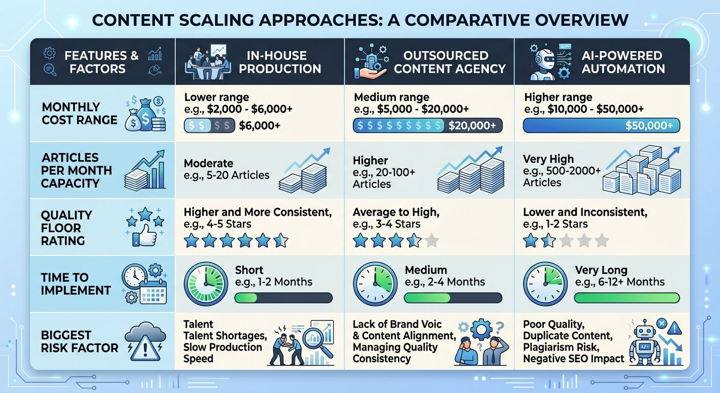 A comparison table showing three content scaling approaches with rows for monthly cost range, articles per month capacity, quality floor rating, time to implement, and biggest risk factor