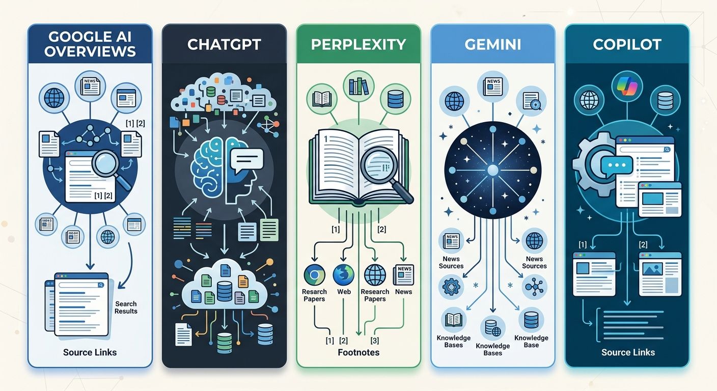 A visual showing five AI search platforms (Google AI Overviews, ChatGPT, Perplexity, Gemini, Copilot) with icons representing their different citation behaviors and source preferences