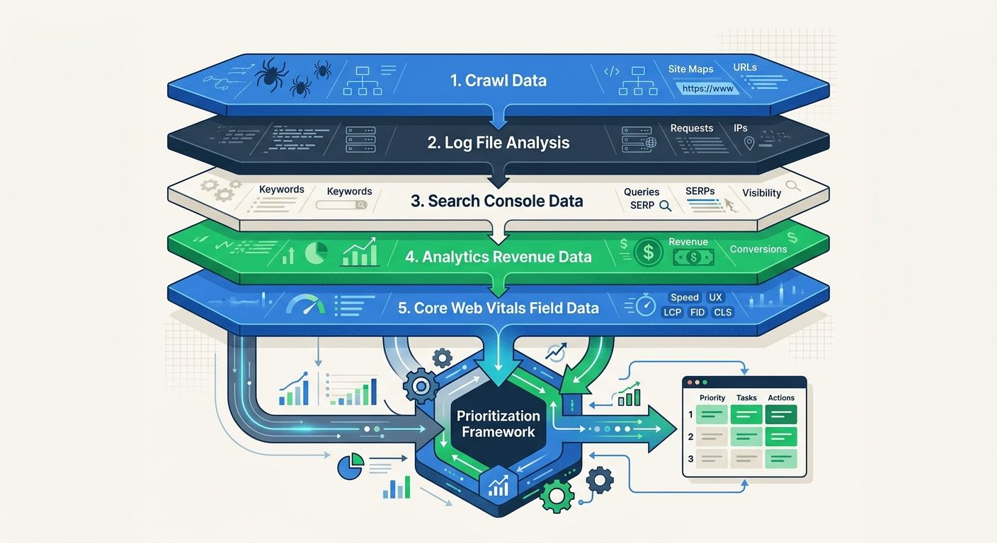 A visual diagram showing the five layers of an enterprise SEO audit - crawl data, log file analysis, search console data, analytics revenue data, and Core Web Vitals field data - stacked as interconne