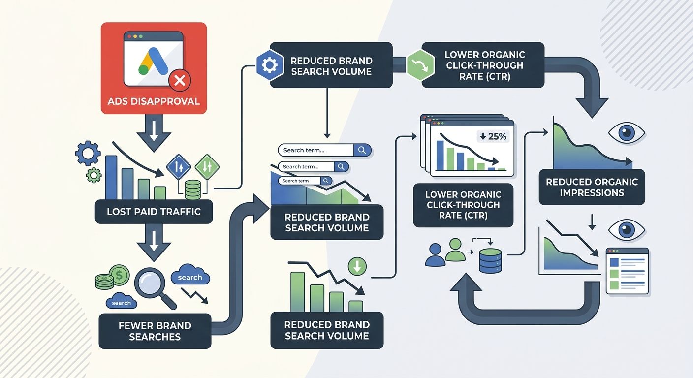 A flowchart showing how a Google Ads disapproval cascades into effects: lost paid traffic leads to fewer brand searches, reduced brand search volume reduces organic click-through rates, lower organic