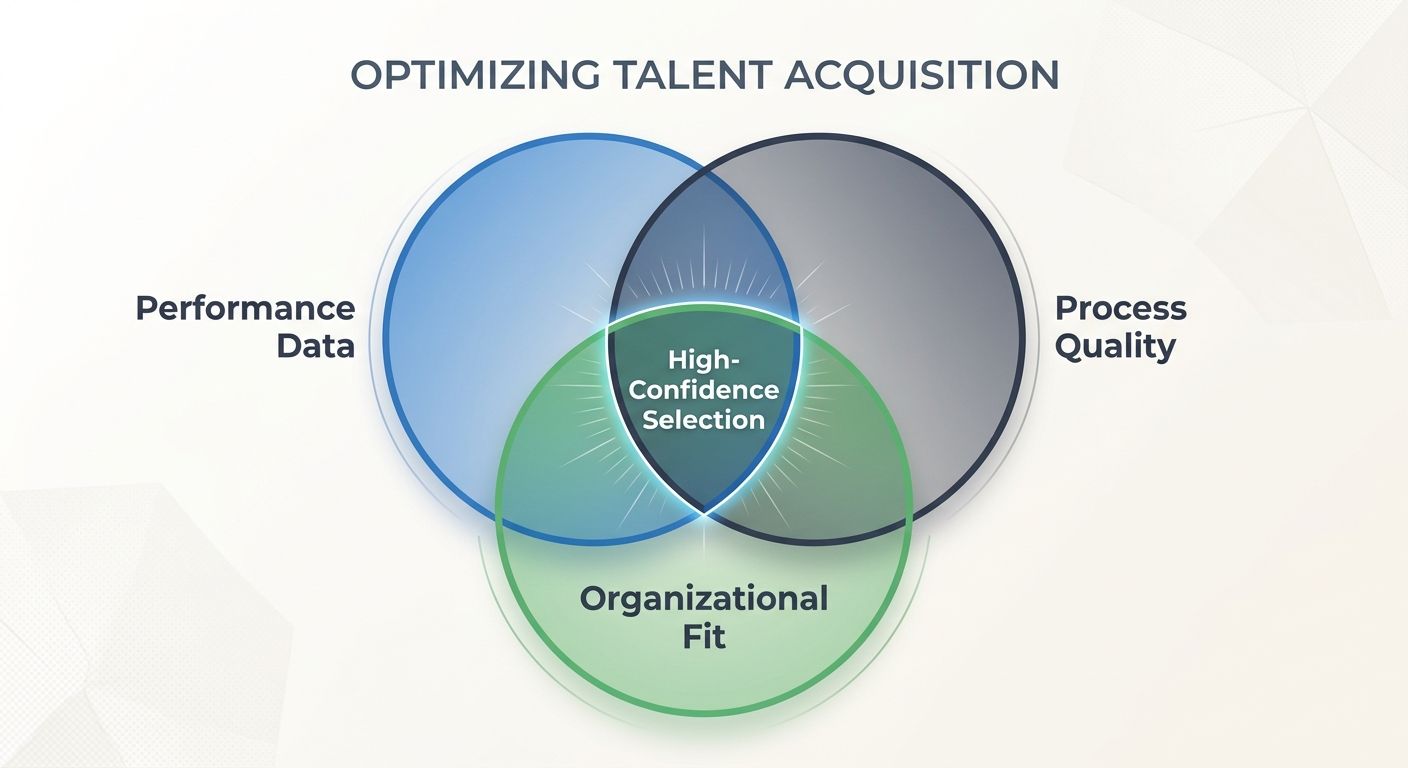 A Venn diagram showing three overlapping circles labeled "Performance Data," "Process Quality," and "Organizational Fit," with the central overlap area labeled "High-Confidence Selection"