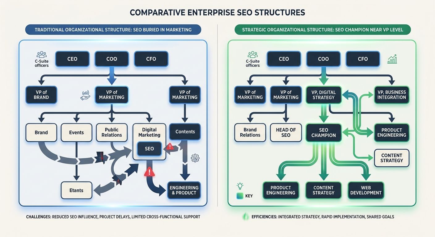 A comparison diagram showing two enterprise org charts side by side — one with SEO buried under marketing showing bottlenecks, and one with SEO champion near VP level showing direct implementation pat