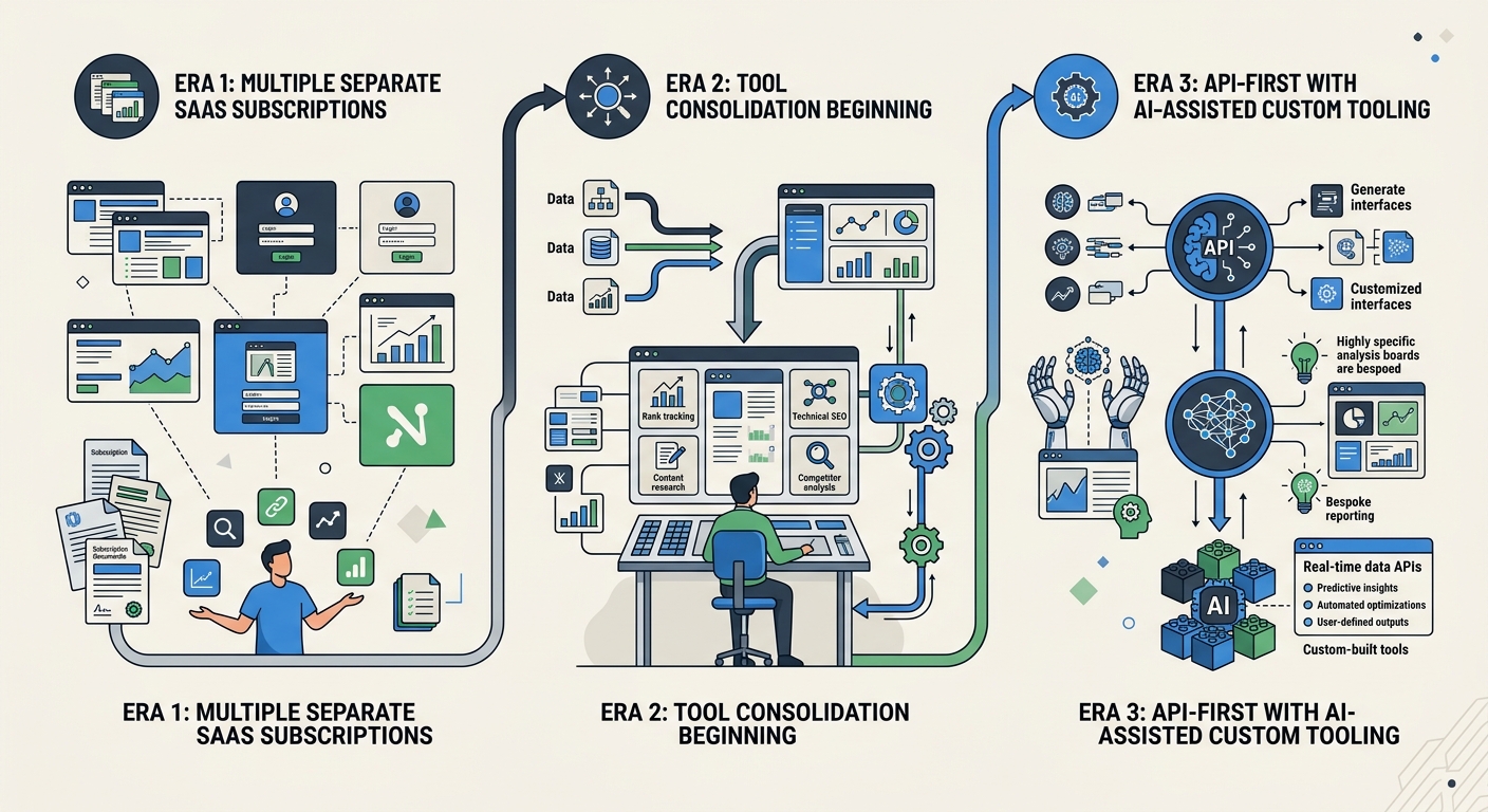 A timeline illustration showing the evolution of SEO tooling from 2020 (multiple separate SaaS subscriptions) through 2024 (tool consolidation beginning) to 2026 (API-first with AI-assisted custom too