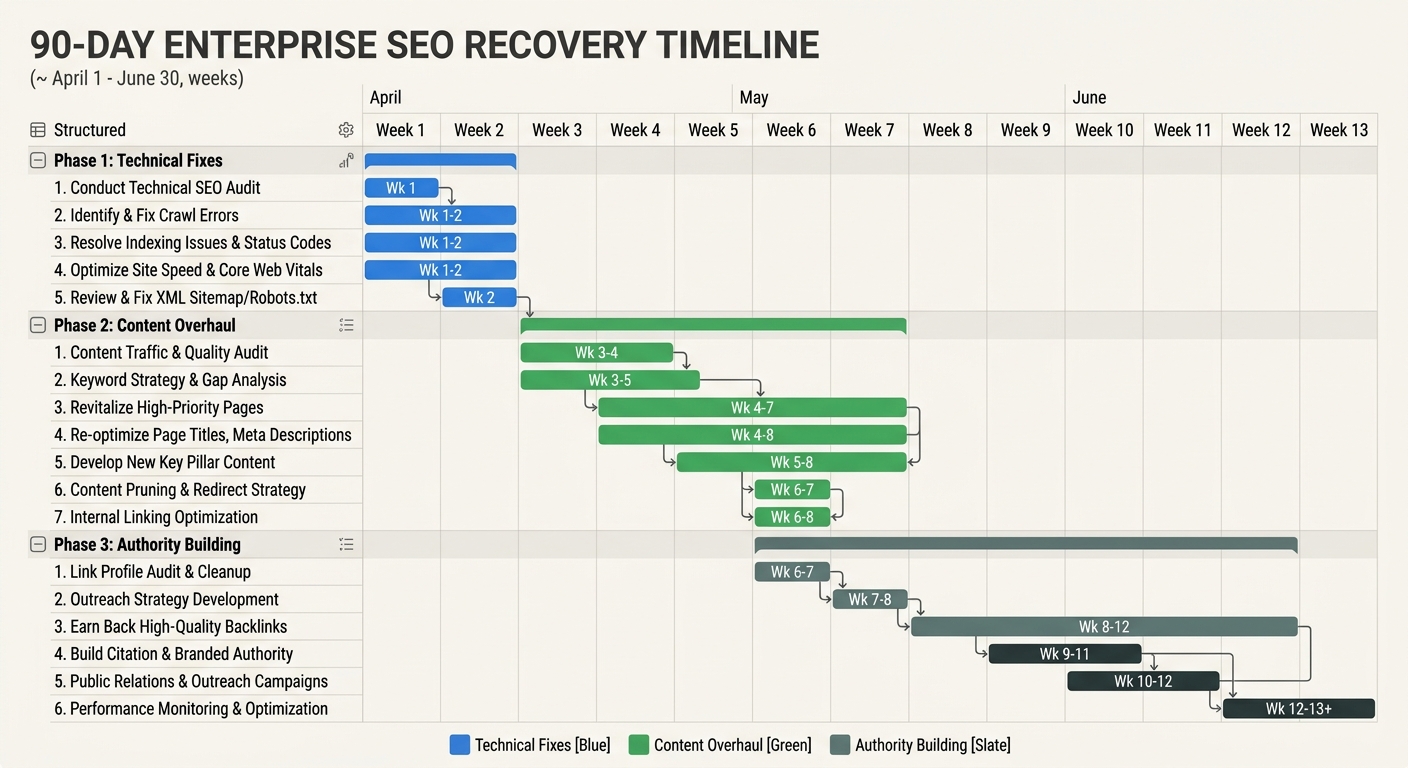 A Gantt-style chart showing a 90-day enterprise SEO recovery timeline divided into three phases: technical fixes in weeks 1-2, content overhaul in weeks 3-8, and authority building in weeks 6-12, with
