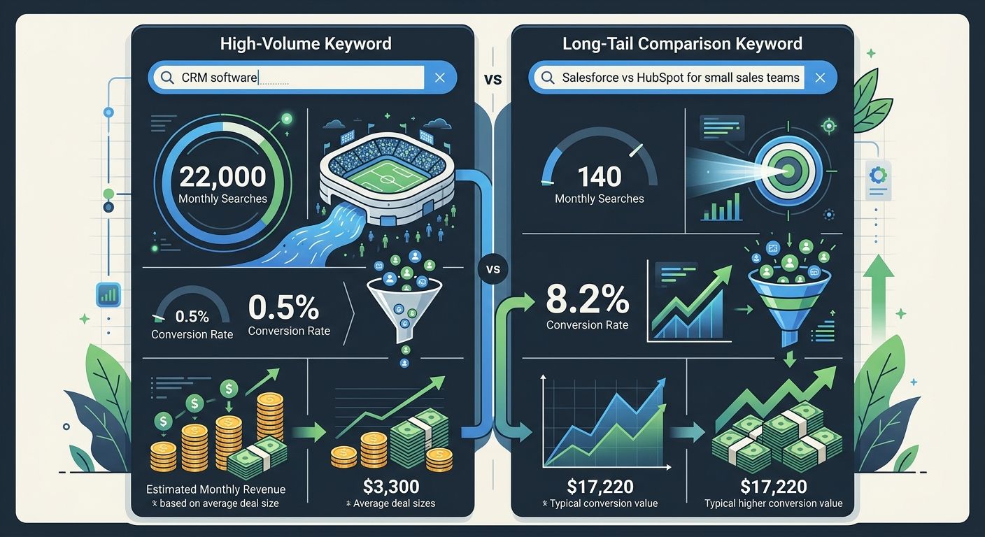 A side-by-side comparison showing a high-volume keyword ("CRM software" - 22,000 searches, 0.5% conversion) versus a long-tail comparison keyword ("Salesforce vs HubSpot for small sales teams" - 140 s