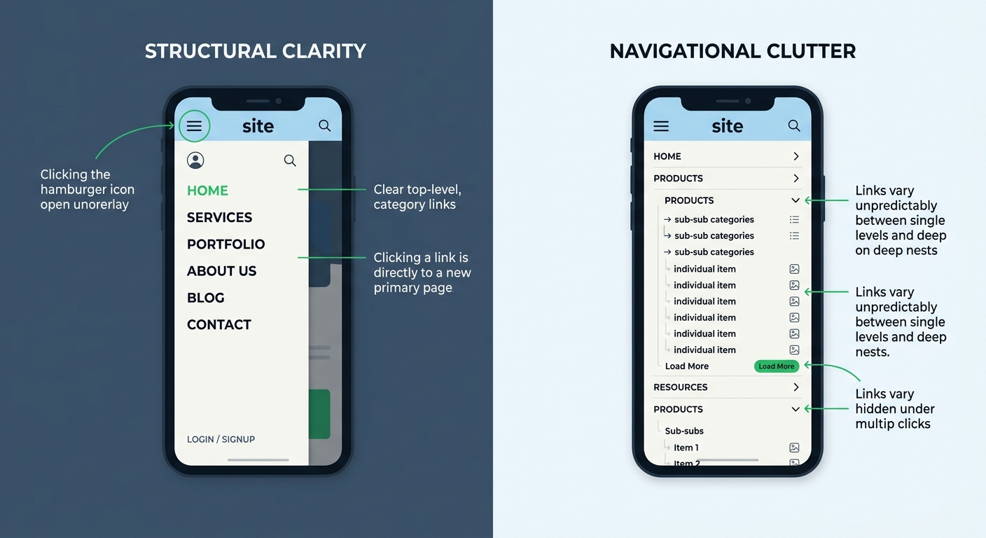 A side-by-side comparison of mobile navigation patterns showing a well-structured hamburger menu with clear category links versus a poorly structured one with deeply nested submenus and hidden content