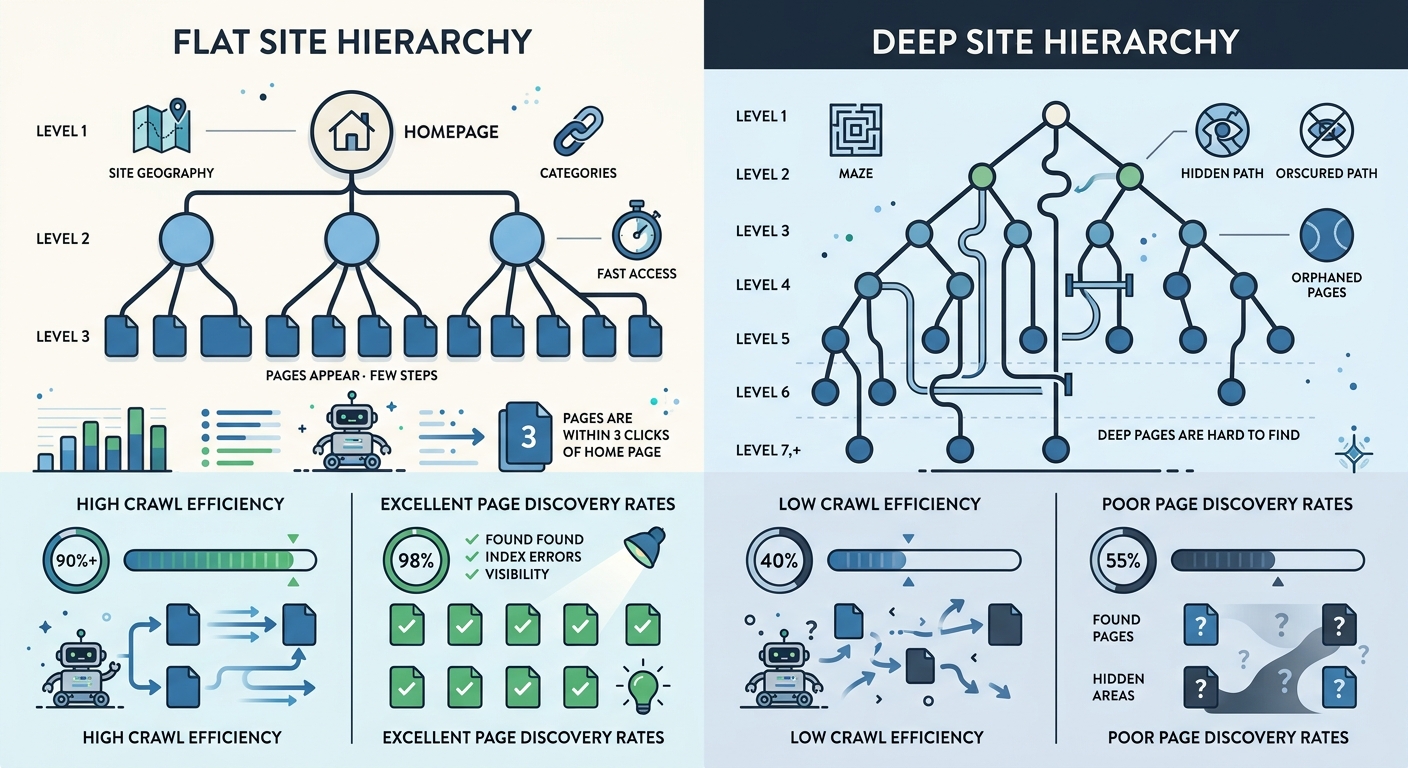An infographic comparing a flat site hierarchy (3 levels deep, all pages within 3 clicks) versus a deep site hierarchy (6+ levels, many orphaned pages), showing crawl efficiency percentages and page d
