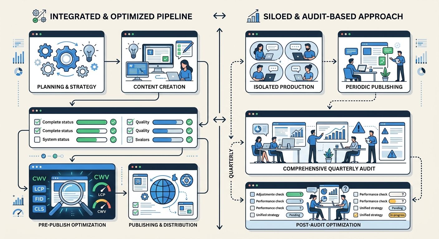 Checklist-style comparison of two agency approaches to content scaling, showing the integrated pipeline with pre-publish CWV checks on the left versus the siloed approach with quarterly audits on the 