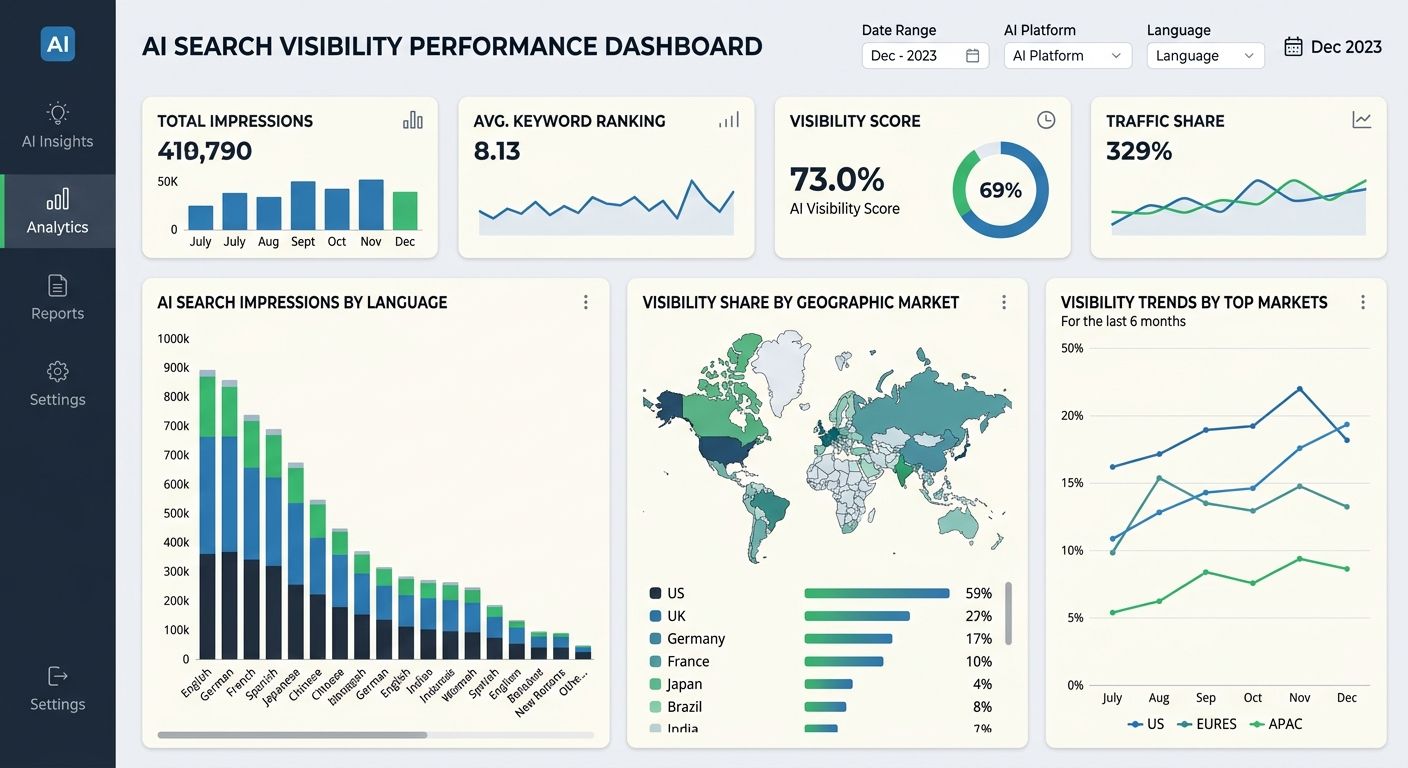 Dashboard showing AI search visibility metrics broken down by language and geographic market