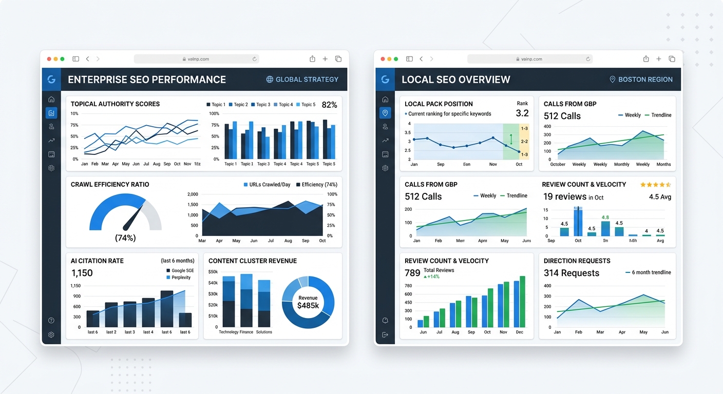 A side-by-side dashboard mockup showing enterprise SEO metrics on the left (topical authority scores, crawl efficiency ratio, AI citation rate, content cluster revenue attribution) and local SEO metri