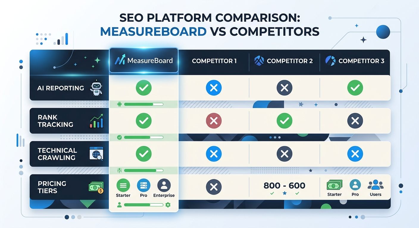 A comparison table showing MeasureBoard's features versus three competing SEO platforms, with checkmarks and X marks for categories like AI reporting, rank tracking, technical crawling, and pricing ti