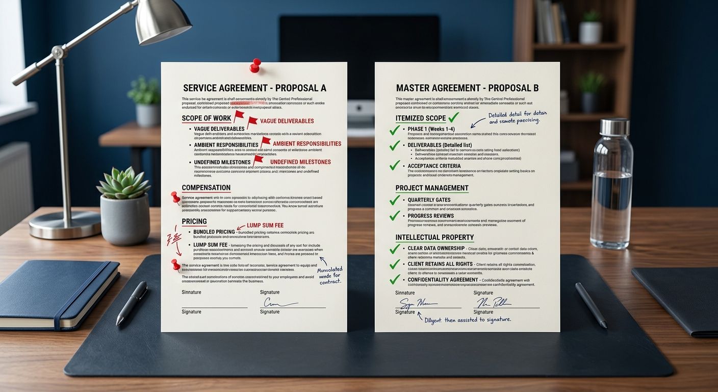 A professional desk scene showing two contract documents side by side, one labeled with red flags like vague deliverables and bundled pricing, and the other labeled with green checkmarks like itemized