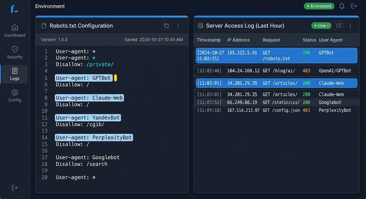 Screenshot-style illustration showing a robots.txt file with AI crawler user agents highlighted, alongside a server log showing AI bot access attempts