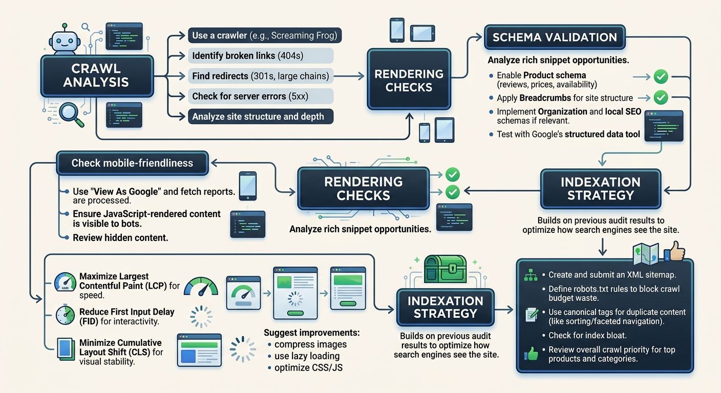 A flowchart showing the technical SEO audit process for an e-commerce site, starting with crawl analysis, moving through rendering checks, schema validation, Core Web Vitals assessment, and ending wit