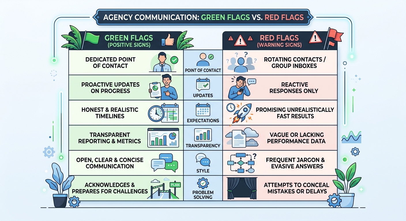 A comparison table showing green flags vs. red flags in agency communication — such as dedicated point of contact vs. rotating contacts, proactive updates vs. reactive only, honest about timelines vs.