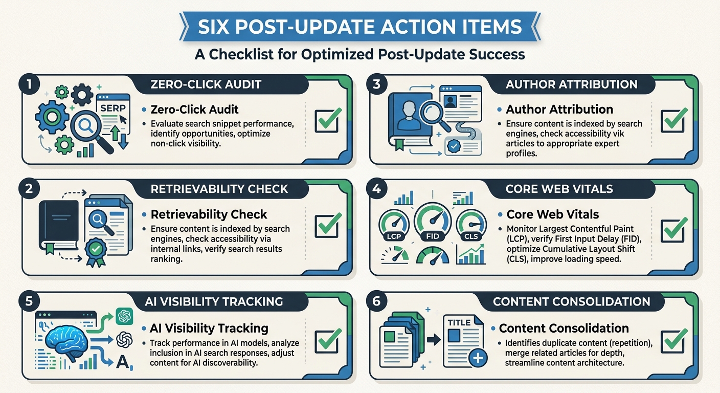 A checklist-style visual showing six post-update action items with icons for each: zero-click audit, retrievability check, author attribution, Core Web Vitals, AI visibility tracking, and content cons