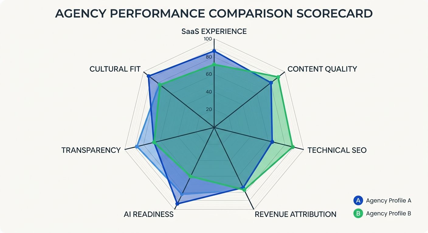 A radar chart scorecard template with seven axes (SaaS experience, content quality, technical SEO, revenue attribution, AI readiness, transparency, cultural fit) showing two overlapping agency profile