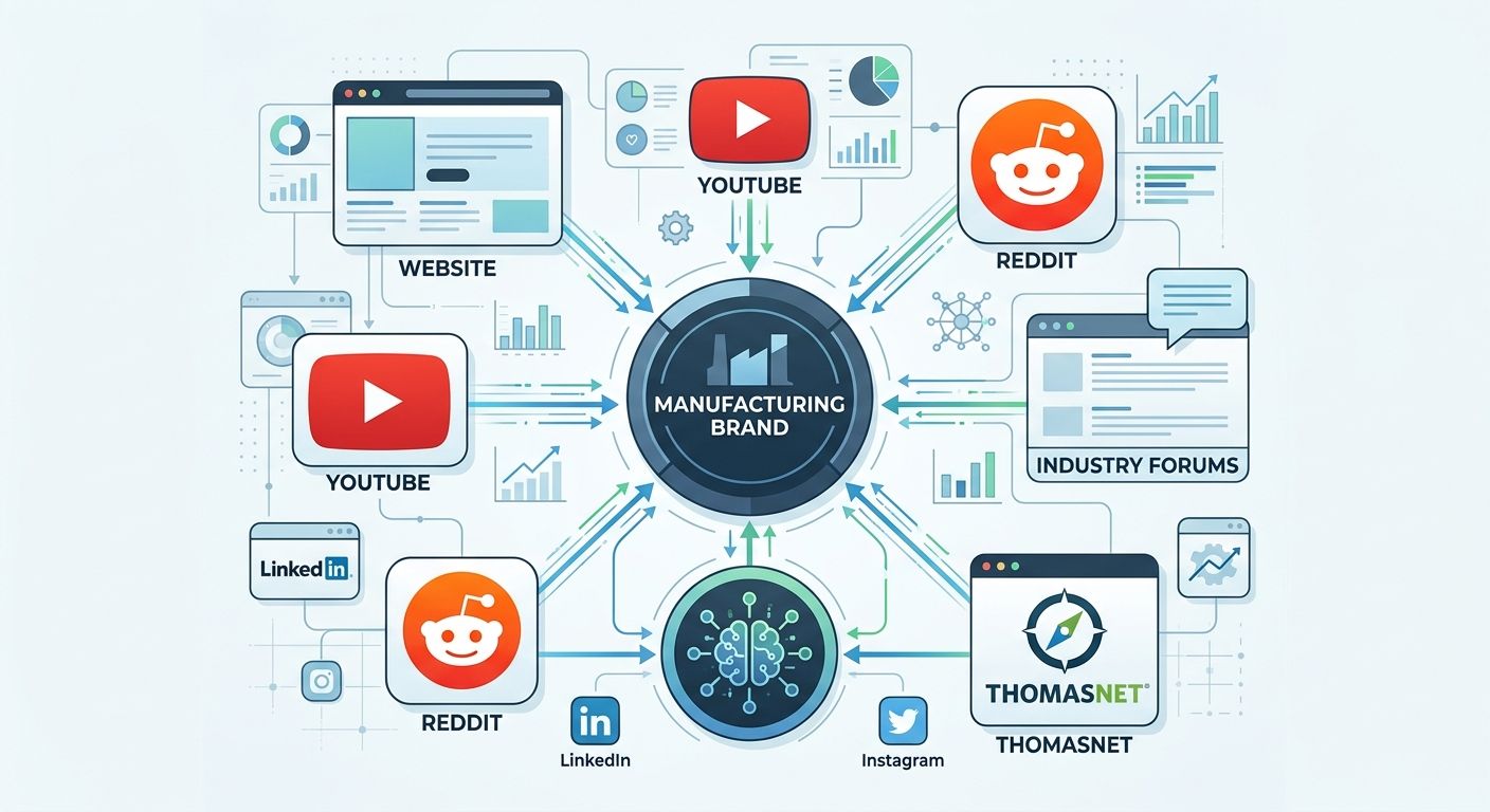 Visual map showing multiple digital touchpoints for a manufacturing brand, including website, YouTube, Reddit, industry forums, and Thomasnet, with arrows indicating how AI engines aggregate informati