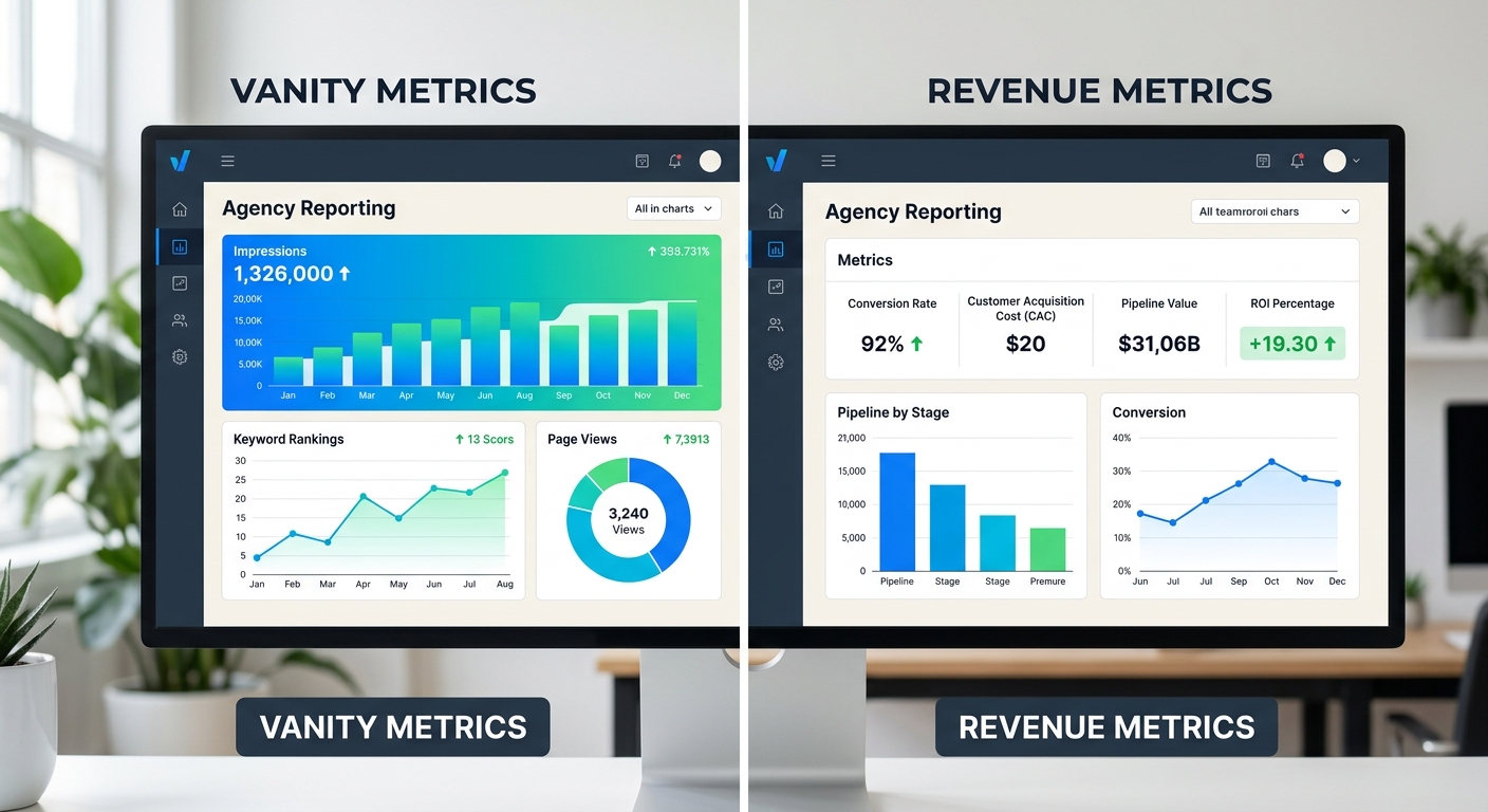 A split-screen comparison showing two agency reporting dashboards side by side — the left side shows vanity metrics like impressions, keyword rankings, and page views in flashy charts, while the right