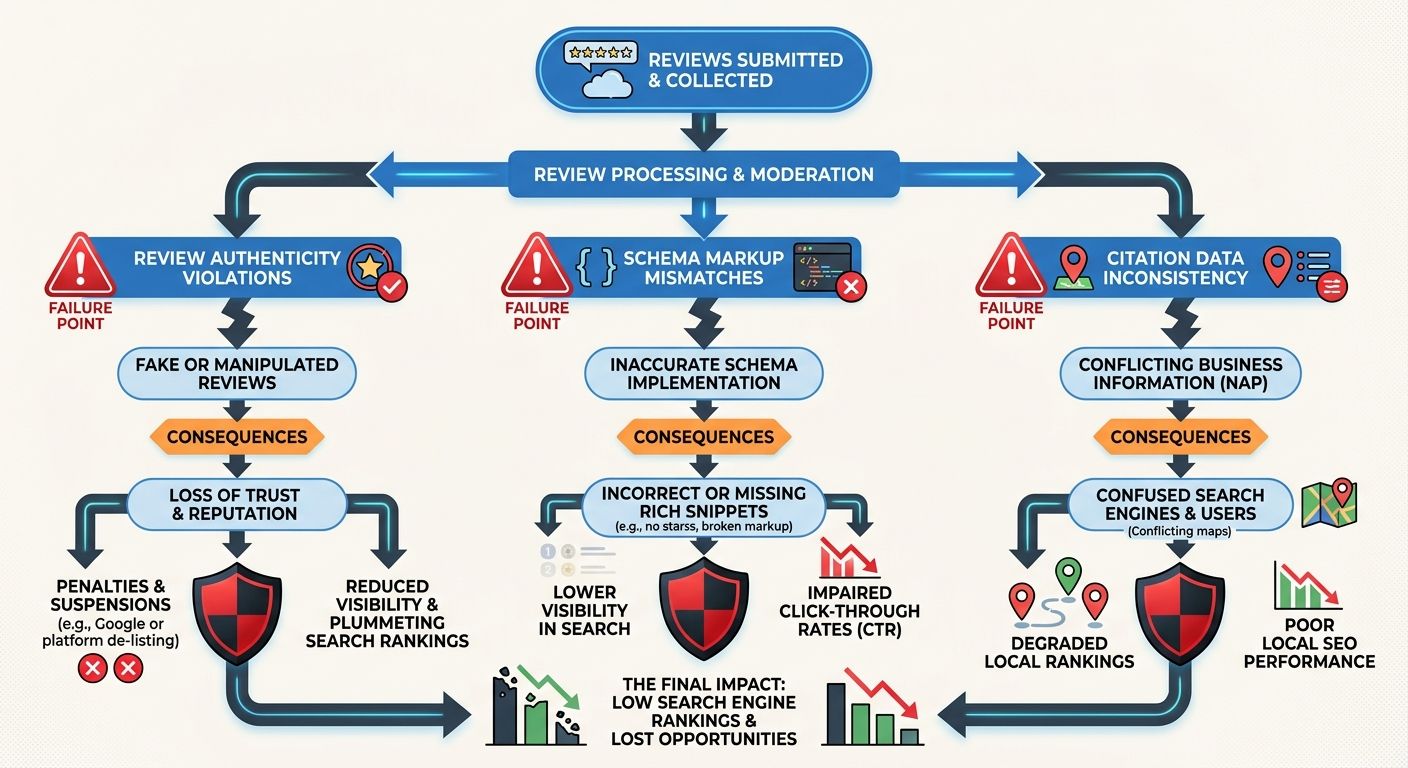 Flowchart showing three common failure points in the review-to-rankings pipeline: review authenticity violations, schema markup mismatches, and citation data inconsistency, each with consequences show