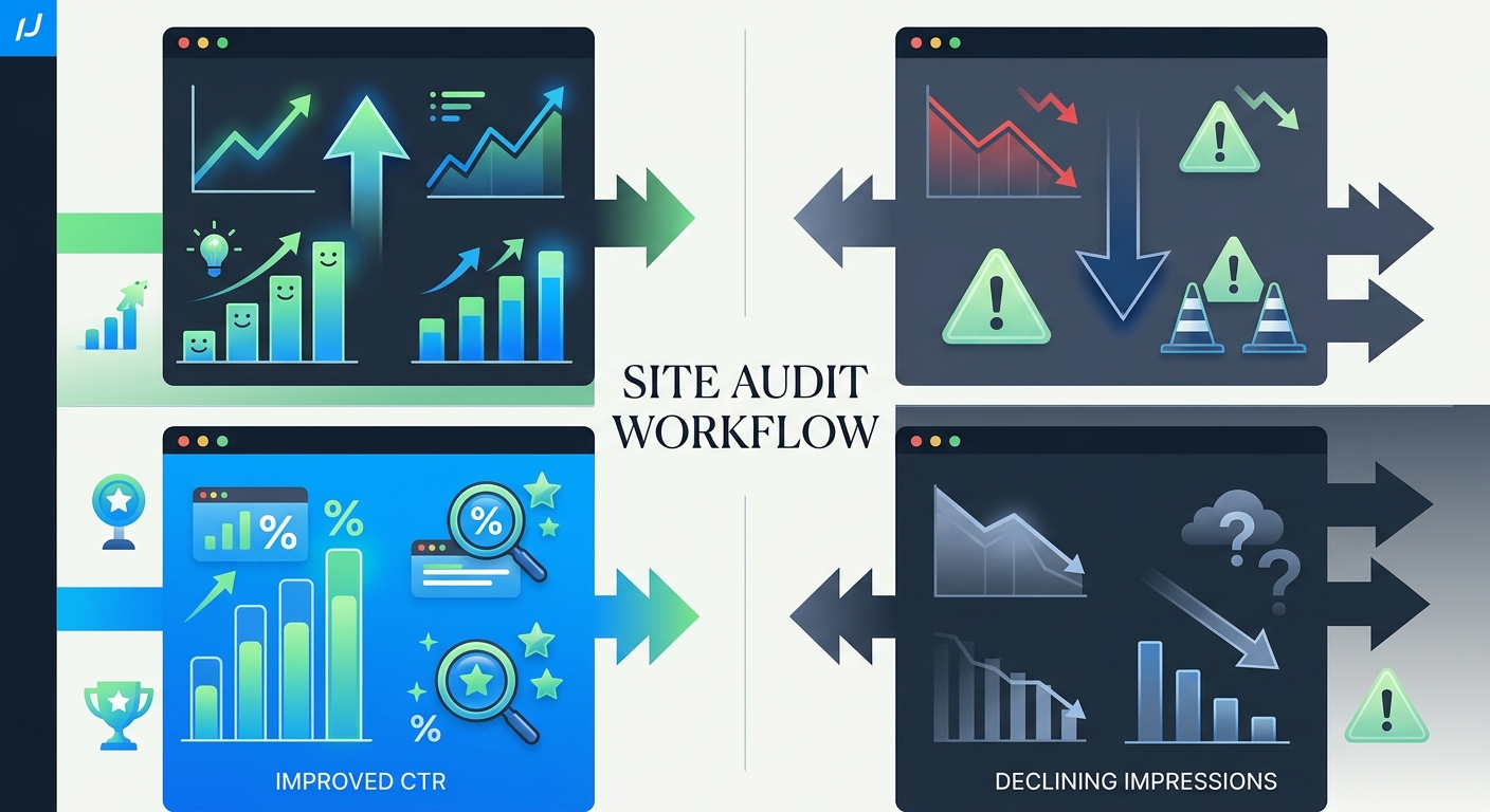 A dashboard-style infographic showing a site audit workflow with four quadrants: pages that gained traffic, pages that lost traffic, pages with improved CTR, and pages with declining impressions, with