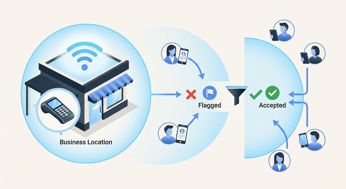 Diagram showing Google's Proximity Filter concept - a business location with Wi-Fi radius circle, a POS terminal, and icons representing reviews submitted from within that radius being flagged versus 