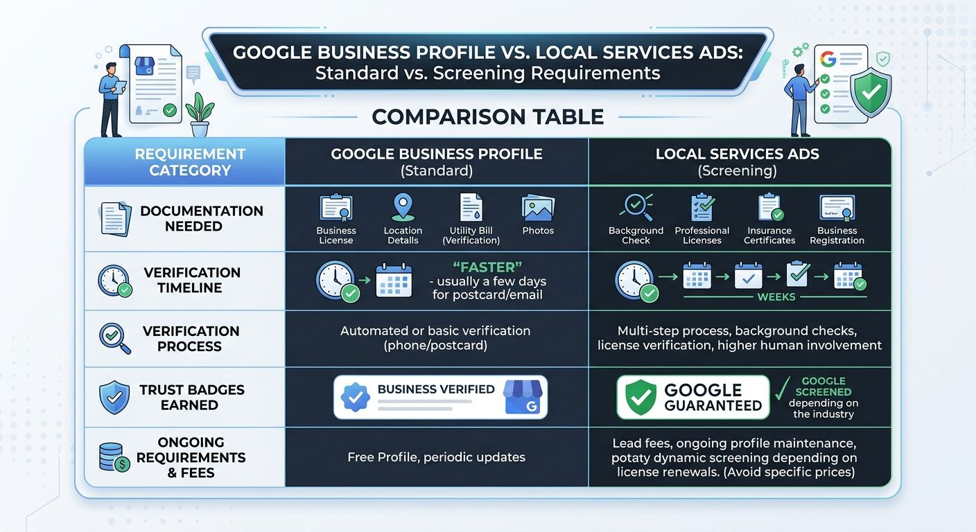 A comparison table showing Google Business Profile standard requirements versus Local Services Ads screening requirements across categories including documentation needed, verification timeline, and t