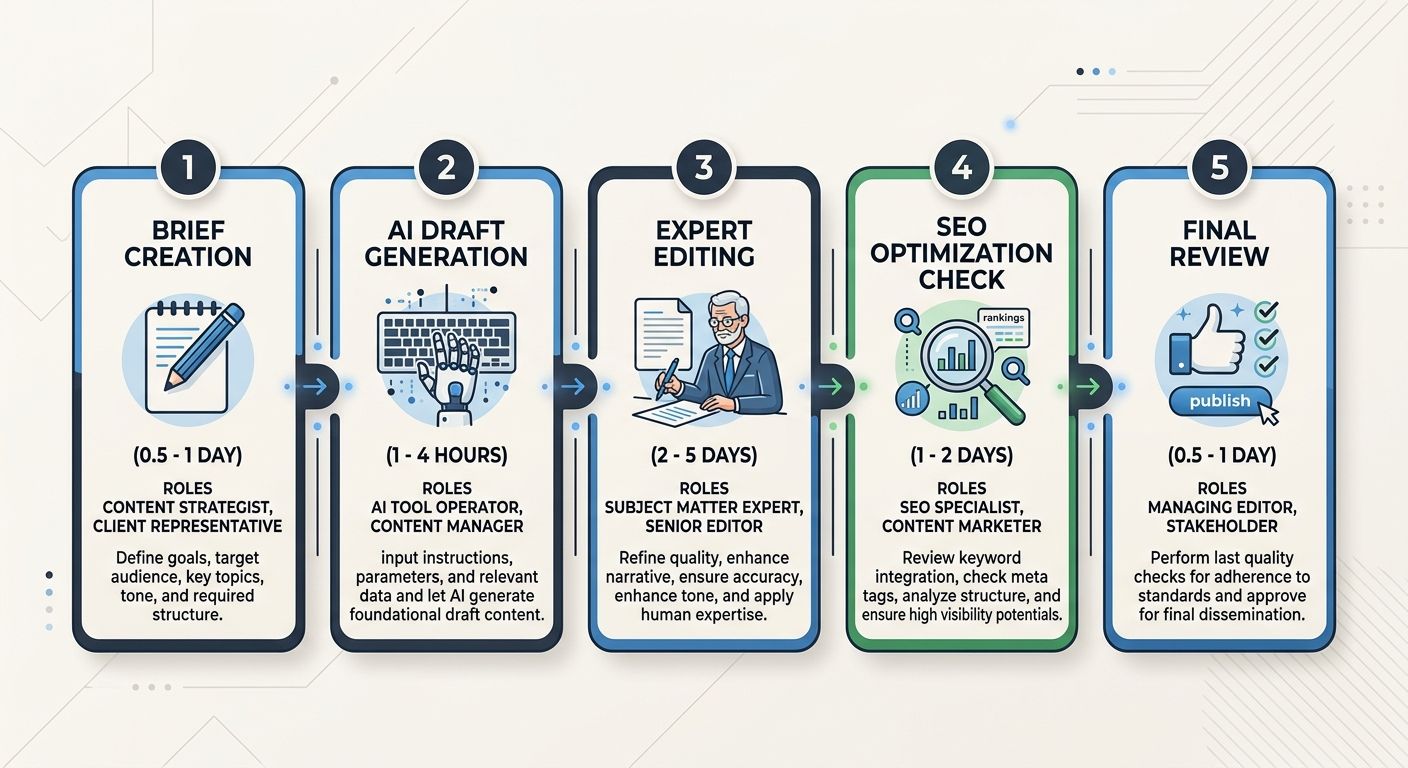 A workflow diagram showing the five-step AI-augmented content production process — brief creation, AI draft generation, expert editing, SEO optimization check, and final review — with time estimates a