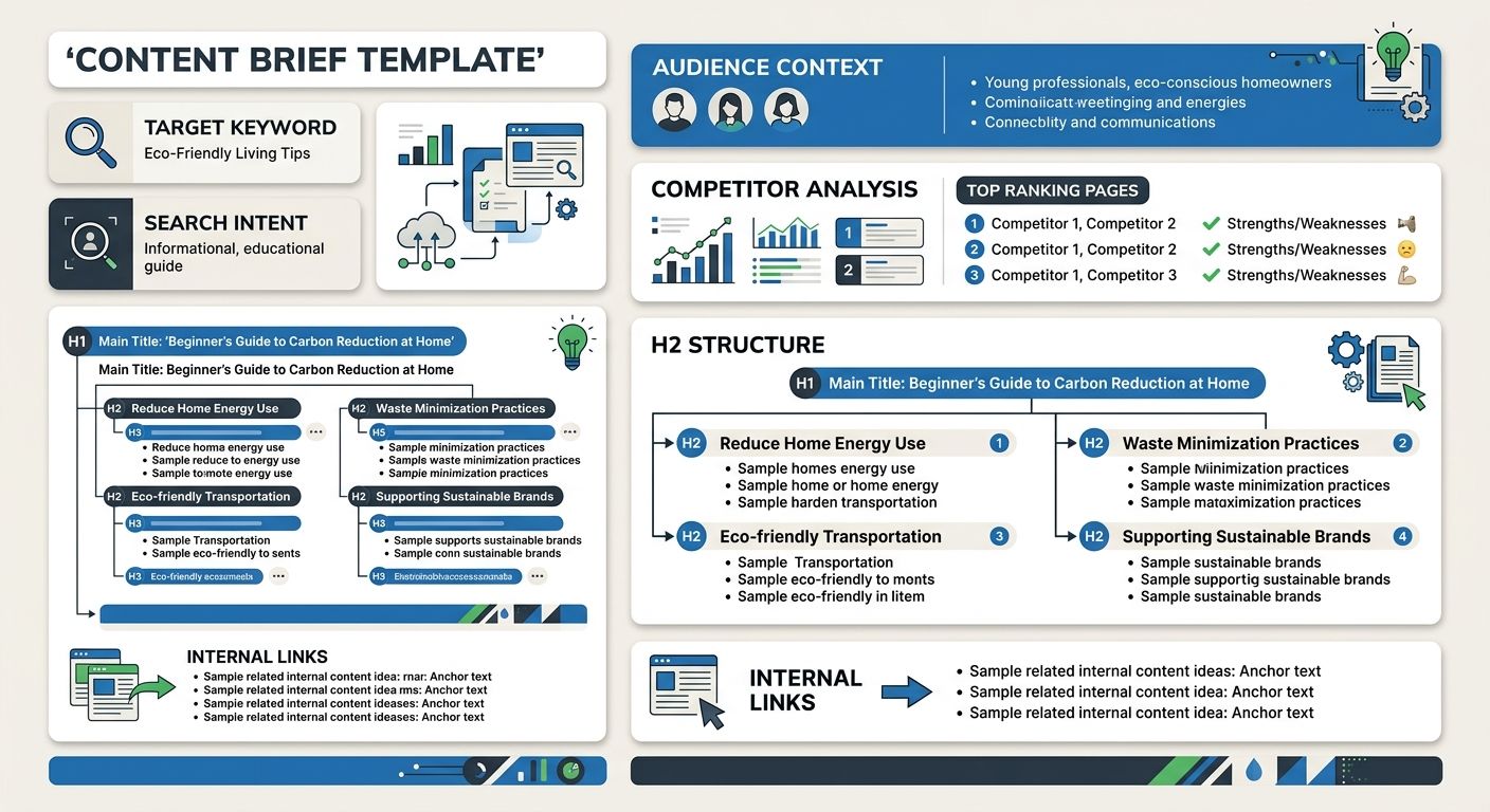 A detailed content brief template layout showing sections for target keyword, search intent, competitor analysis, H2 structure, internal links, and audience context, with sample data filled in