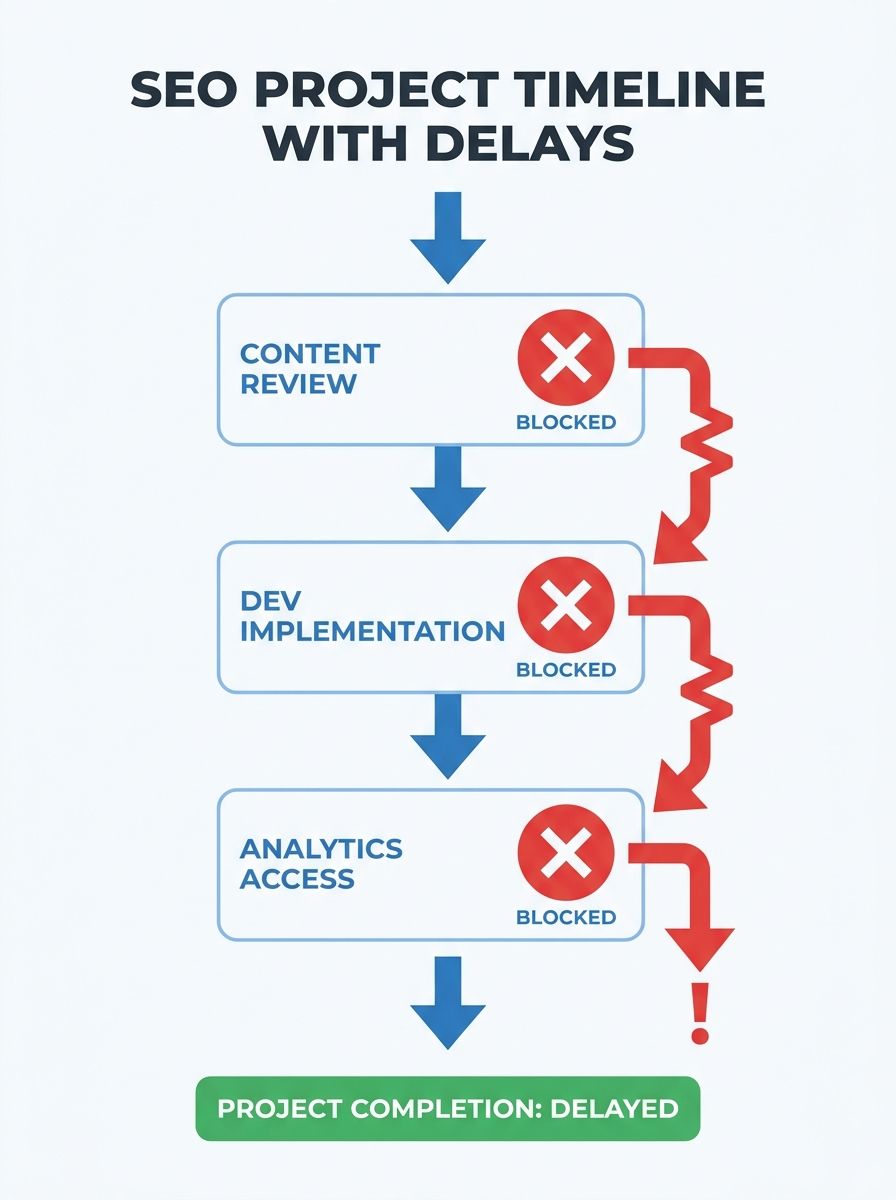 The SEO Dependency Trap: How to Sell Projects That Don't Stall on Content Reviews, Dev Access, and Analytics Approvals