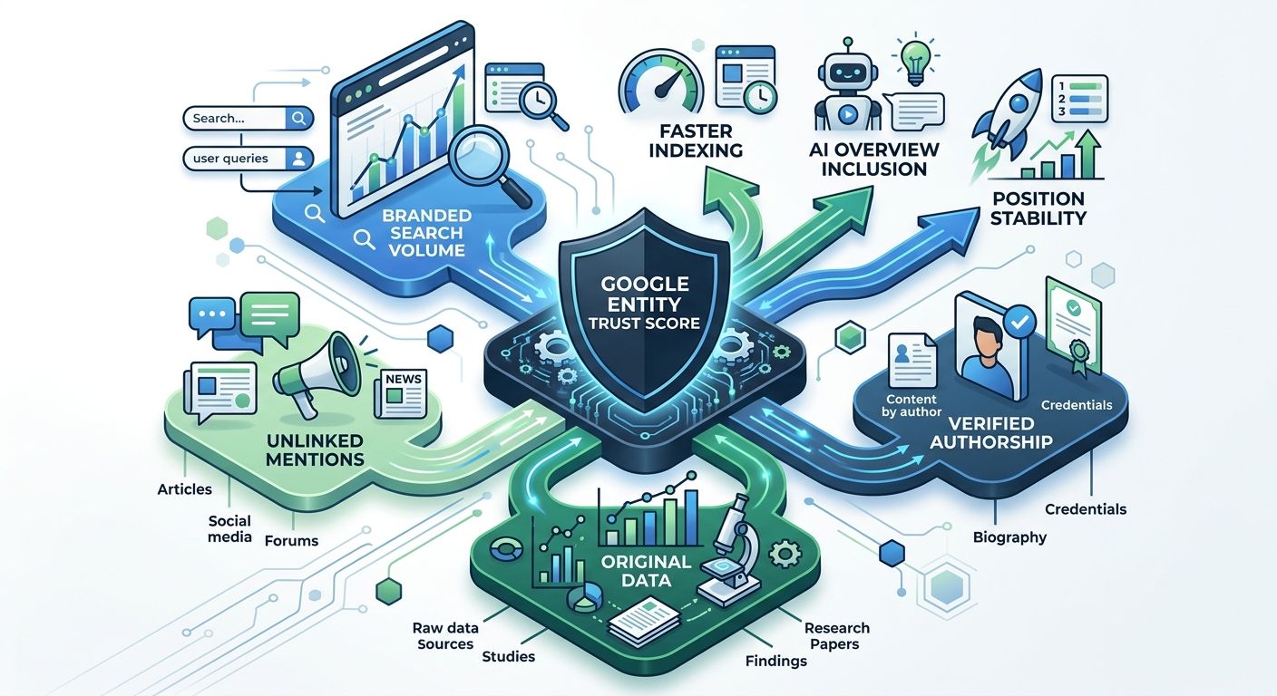 A diagram showing four interconnected brand signals (branded search volume, unlinked mentions, verified authorship, original data) flowing into a central node labeled Google Entity Trust Score with ar