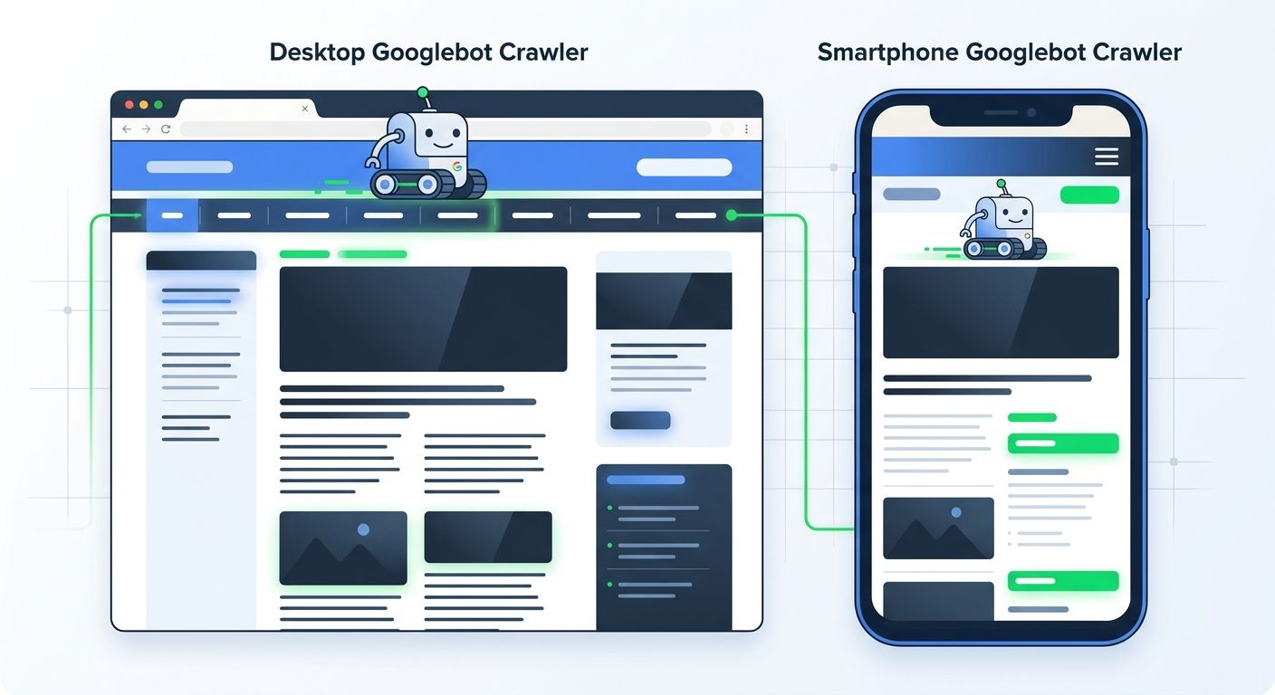 A side-by-side comparison of what a desktop Googlebot crawler sees versus a smartphone Googlebot crawler on the same page, highlighting missing navigation links and content differences