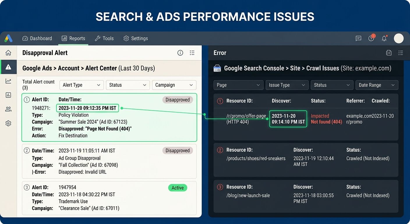 A split-screen dashboard mockup showing Google Ads disapproval alerts on the left side and Google Search Console crawl error reports on the right side, with highlighted correlations between timestamps
