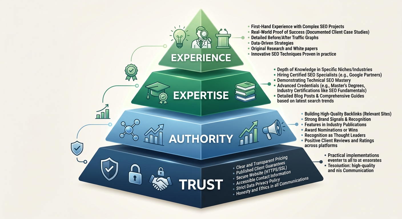 A pyramid diagram illustrating the E-E-A-T hierarchy for SEO agencies, with "Trust" as the wide base, "Authority" above it showing brand signals and backlinks, "Expertise" showing credentials and dept