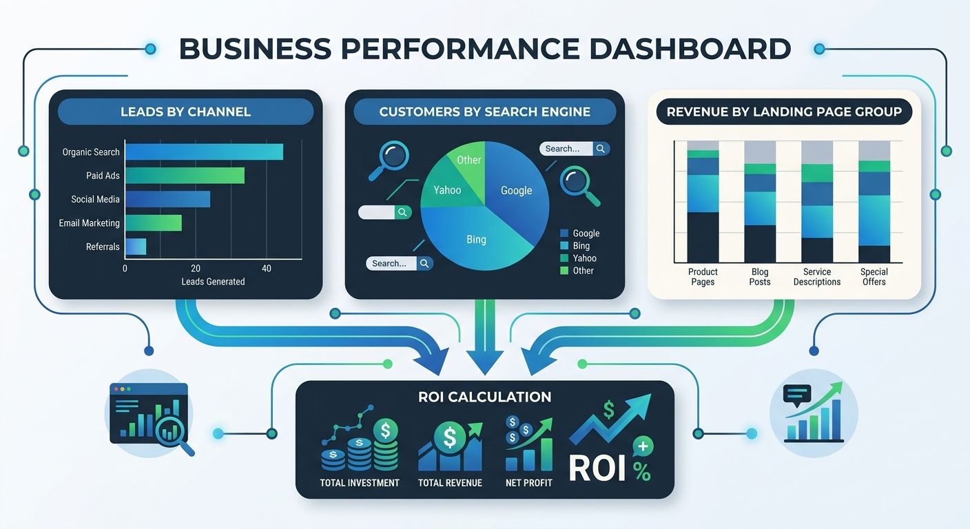 An infographic showing three connected report types - Leads by Channel as a horizontal bar chart, Customers by Search Engine as a pie chart, and Revenue by Landing Page Group as a stacked bar chart - 