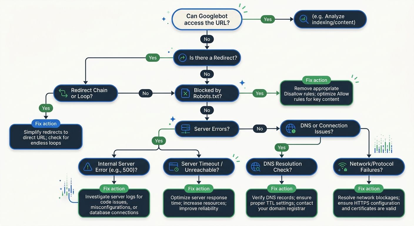 A diagnostic flowchart showing common crawl issues: a decision tree starting with "Can Googlebot access the URL?" branching into server errors, robots.txt blocks, redirect chains, and DNS issues, with