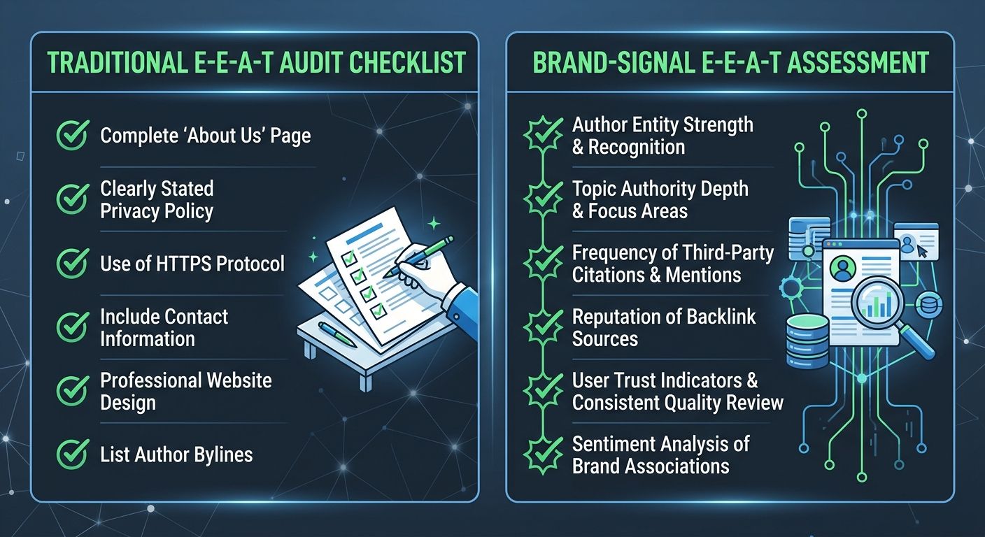 A side-by-side comparison showing a traditional E-E-A-T audit checklist on the left with checkmarks next to superficial items like About page and HTTPS, versus a brand-signal E-E-A-T assessment on the