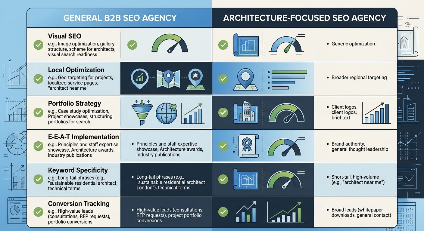 Evaluation checklist comparing a general B2B SEO agency approach versus a niche architecture-focused SEO agency approach across six criteria including visual SEO, local optimization, portfolio strateg