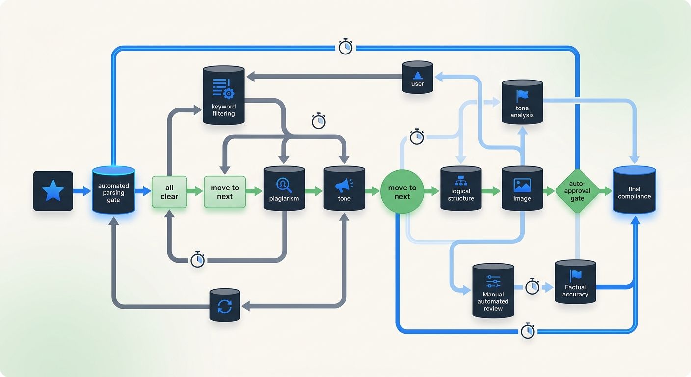 A workflow diagram showing an automated content approval pipeline with triggers, reminders, escalation paths, and auto-approval gates at each stage