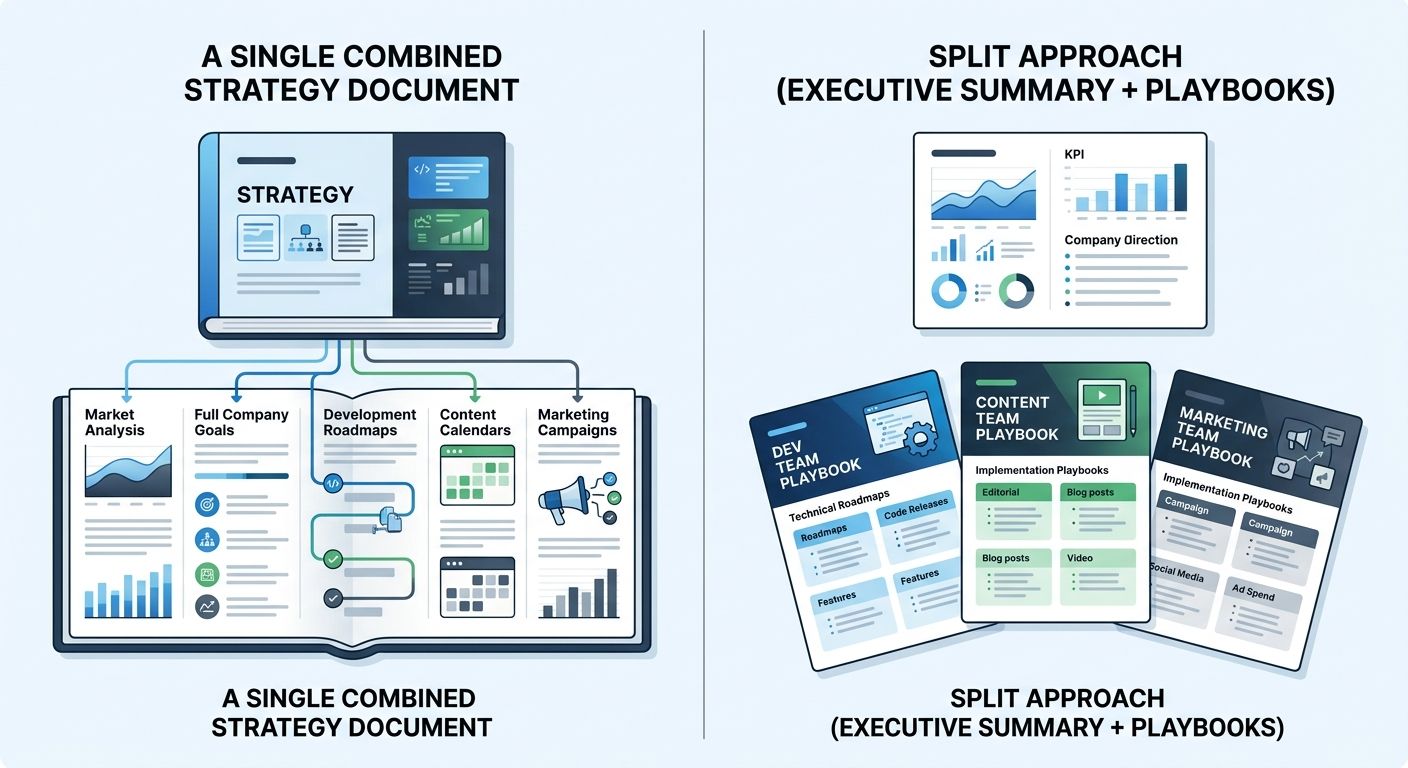 A side-by-side comparison showing a single combined strategy document versus a split approach with separate executive strategy summary and department-specific implementation playbooks for dev, content