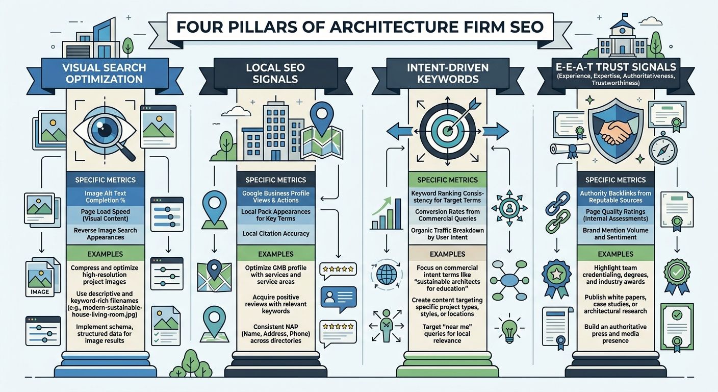 Infographic showing four pillars of architecture firm SEO - visual search optimization, local SEO signals, intent-driven keywords, and E-E-A-T trust signals - with specific metrics and examples under 