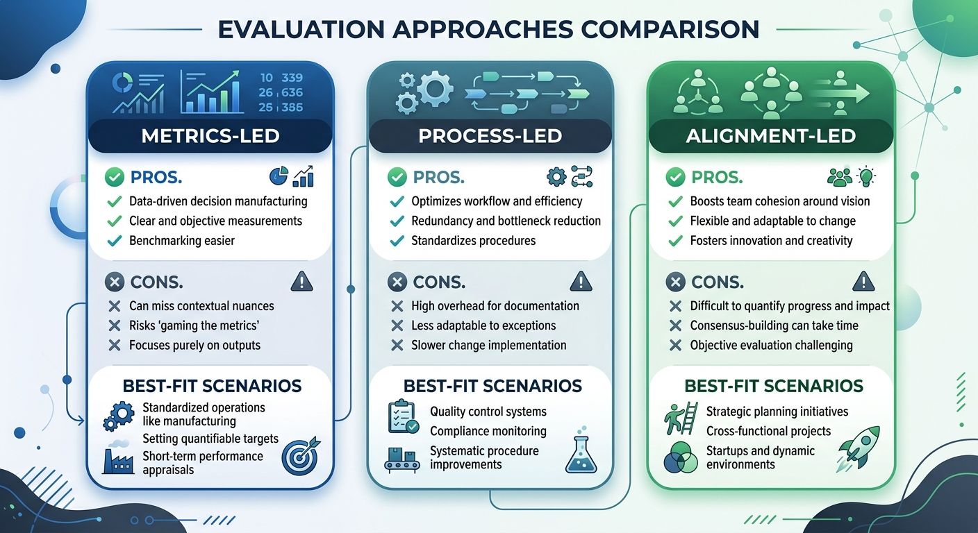 An infographic showing three columns comparing Metrics-Led, Process-Led, and Alignment-Led evaluation approaches, with pros, cons, and best-fit scenarios listed under each