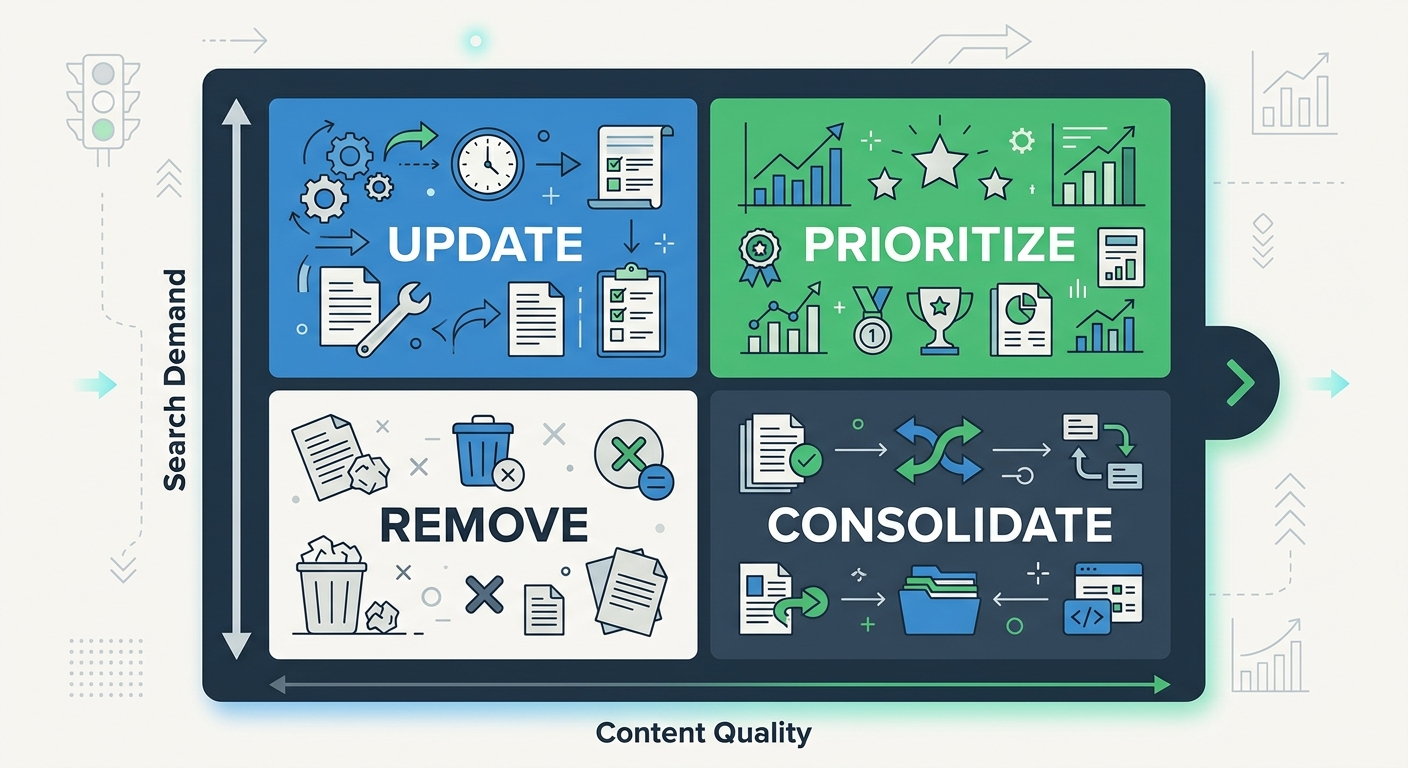 An illustration of a content triage matrix with two axes — search demand on the vertical axis and content quality on the horizontal axis — showing four zones labeled Update, Consolidate, Prioritize, a