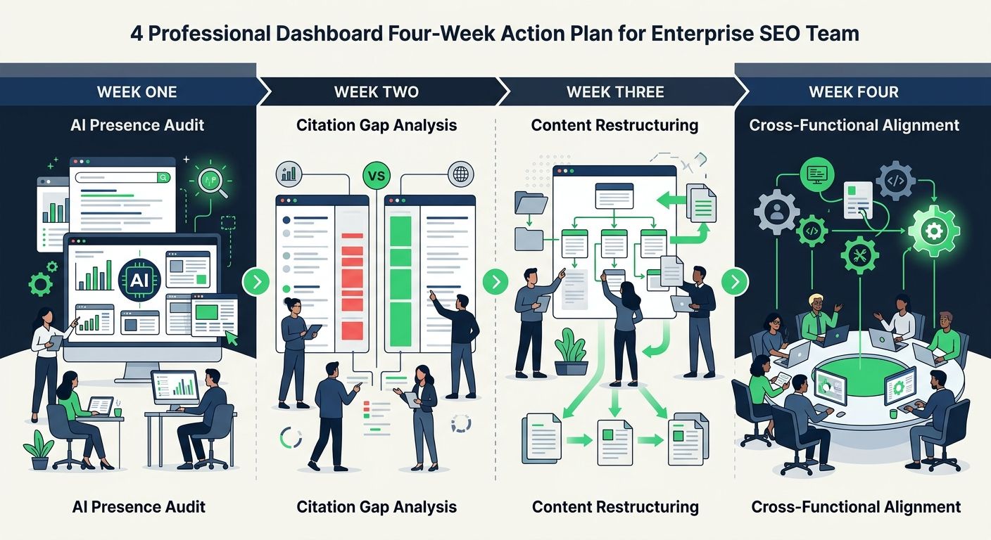 A four-week action plan timeline showing enterprise SEO teams progressing from AI presence audit in week one, through citation gap analysis, content restructuring, and cross-functional alignment in we
