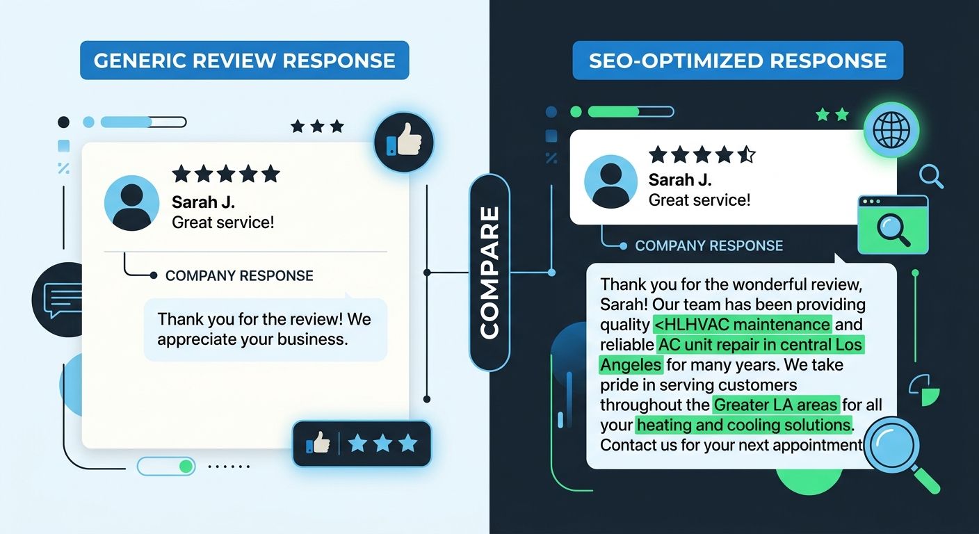 A side-by-side comparison showing a generic review response ("Thanks for the review!") versus an SEO-optimized response that naturally incorporates service keywords and location terms, with the keywor